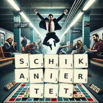 Kreative Illustration für ein Scrabble-Spiel, bei dem das Wort SCHIKANIERTET mit Steinen auf dem Brett gelegt wurde.