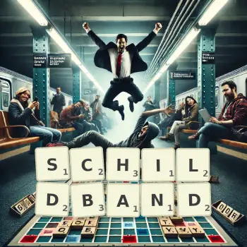 Kreative Illustration für ein Scrabble-Spiel, bei dem das Wort SCHILDBAND mit Steinen auf dem Brett gelegt wurde.