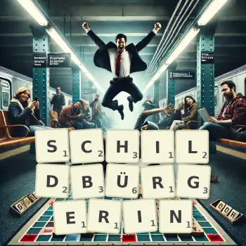 Kreative Illustration für ein Scrabble-Spiel, bei dem das Wort SCHILDBÜRGERIN mit Steinen auf dem Brett gelegt wurde.