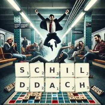 Kreative Illustration für ein Scrabble-Spiel, bei dem das Wort SCHILDDACH mit Steinen auf dem Brett gelegt wurde.
