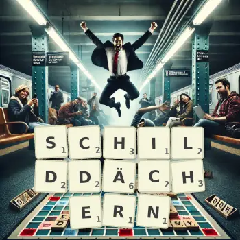 Kreative Illustration für ein Scrabble-Spiel, bei dem das Wort SCHILDDÄCHERN mit Steinen auf dem Brett gelegt wurde.