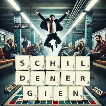 Kreative Illustration für ein Scrabble-Spiel, bei dem das Wort SCHILDENERGIEN mit Steinen auf dem Brett gelegt wurde.