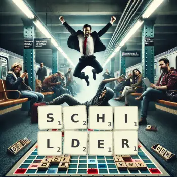 Kreative Illustration für ein Scrabble-Spiel, bei dem das Wort SCHILDER mit Steinen auf dem Brett gelegt wurde.