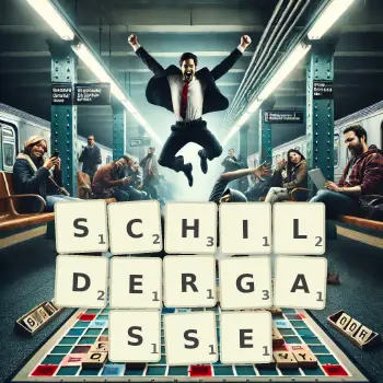 Kreative Illustration für ein Scrabble-Spiel, bei dem das Wort SCHILDERGASSE mit Steinen auf dem Brett gelegt wurde.