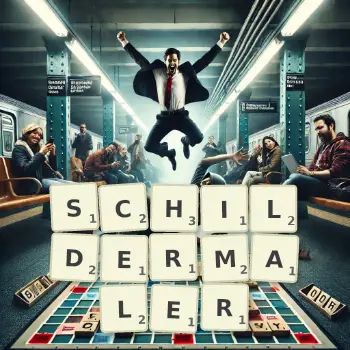 Kreative Illustration für ein Scrabble-Spiel, bei dem das Wort SCHILDERMALER mit Steinen auf dem Brett gelegt wurde.