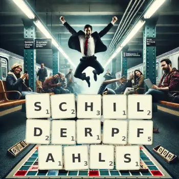 Kreative Illustration für ein Scrabble-Spiel, bei dem das Wort SCHILDERPFAHLS mit Steinen auf dem Brett gelegt wurde.
