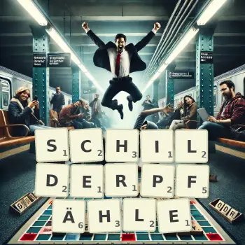 Kreative Illustration für ein Scrabble-Spiel, bei dem das Wort SCHILDERPFÄHLE mit Steinen auf dem Brett gelegt wurde.