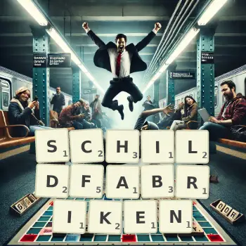 Kreative Illustration für ein Scrabble-Spiel, bei dem das Wort SCHILDFABRIKEN mit Steinen auf dem Brett gelegt wurde.