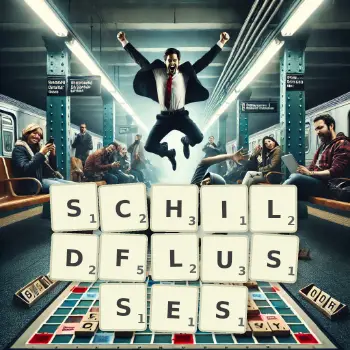 Kreative Illustration für ein Scrabble-Spiel, bei dem das Wort SCHILDFLUSSES mit Steinen auf dem Brett gelegt wurde.