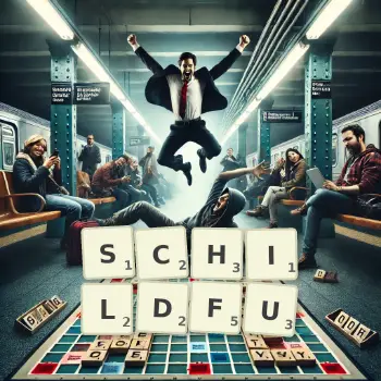 Kreative Illustration für ein Scrabble-Spiel, bei dem das Wort SCHILDFU mit Steinen auf dem Brett gelegt wurde.