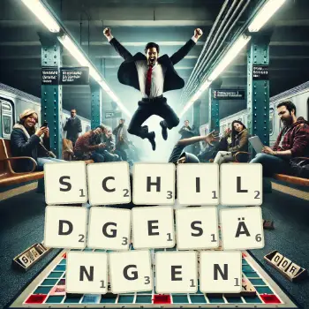 Kreative Illustration für ein Scrabble-Spiel, bei dem das Wort SCHILDGESÄNGEN mit Steinen auf dem Brett gelegt wurde.