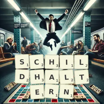 Kreative Illustration für ein Scrabble-Spiel, bei dem das Wort SCHILDHALTERN mit Steinen auf dem Brett gelegt wurde.