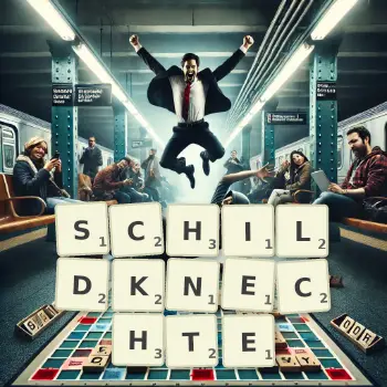 Kreative Illustration für ein Scrabble-Spiel, bei dem das Wort SCHILDKNECHTE mit Steinen auf dem Brett gelegt wurde.
