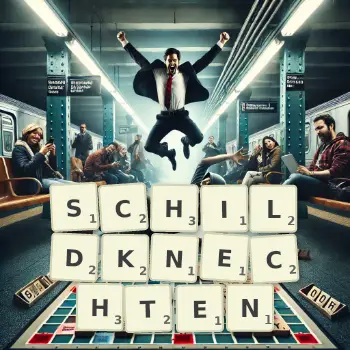 Kreative Illustration für ein Scrabble-Spiel, bei dem das Wort SCHILDKNECHTEN mit Steinen auf dem Brett gelegt wurde.