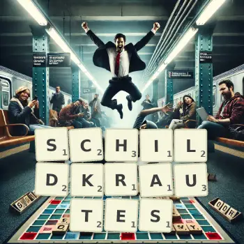 Kreative Illustration für ein Scrabble-Spiel, bei dem das Wort SCHILDKRAUTES mit Steinen auf dem Brett gelegt wurde.