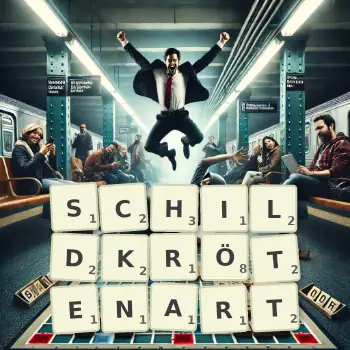 Kreative Illustration für ein Scrabble-Spiel, bei dem das Wort SCHILDKRÖTENART mit Steinen auf dem Brett gelegt wurde.