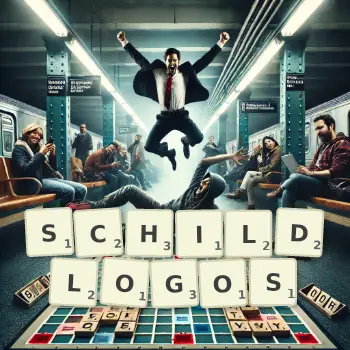 Kreative Illustration für ein Scrabble-Spiel, bei dem das Wort SCHILDLOGOS mit Steinen auf dem Brett gelegt wurde.