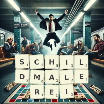 Kreative Illustration für ein Scrabble-Spiel, bei dem das Wort SCHILDMALEREI mit Steinen auf dem Brett gelegt wurde.