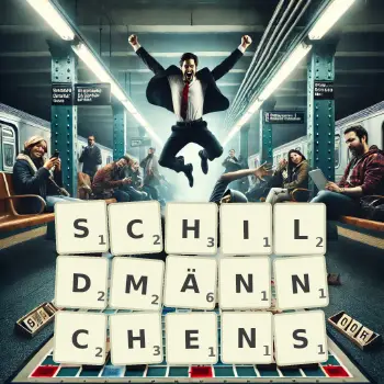 Kreative Illustration für ein Scrabble-Spiel, bei dem das Wort SCHILDMÄNNCHENS mit Steinen auf dem Brett gelegt wurde.
