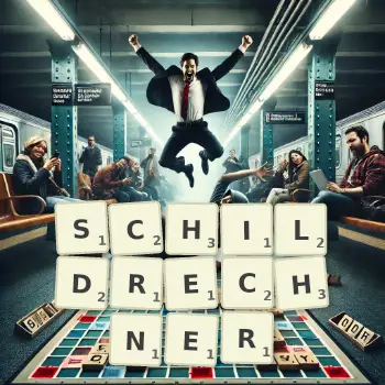 Kreative Illustration für ein Scrabble-Spiel, bei dem das Wort SCHILDRECHNER mit Steinen auf dem Brett gelegt wurde.