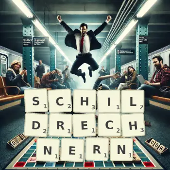 Kreative Illustration für ein Scrabble-Spiel, bei dem das Wort SCHILDRECHNERN mit Steinen auf dem Brett gelegt wurde.