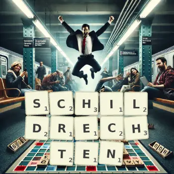 Kreative Illustration für ein Scrabble-Spiel, bei dem das Wort SCHILDRECHTEN mit Steinen auf dem Brett gelegt wurde.