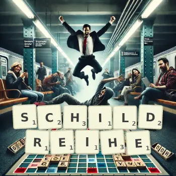 Kreative Illustration für ein Scrabble-Spiel, bei dem das Wort SCHILDREIHE mit Steinen auf dem Brett gelegt wurde.
