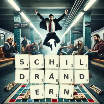 Kreative Illustration für ein Scrabble-Spiel, bei dem das Wort SCHILDRÄNDERN mit Steinen auf dem Brett gelegt wurde.
