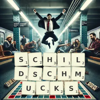 Kreative Illustration für ein Scrabble-Spiel, bei dem das Wort SCHILDSCHMUCKS mit Steinen auf dem Brett gelegt wurde.