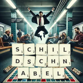 Kreative Illustration für ein Scrabble-Spiel, bei dem das Wort SCHILDSCHNABEL mit Steinen auf dem Brett gelegt wurde.