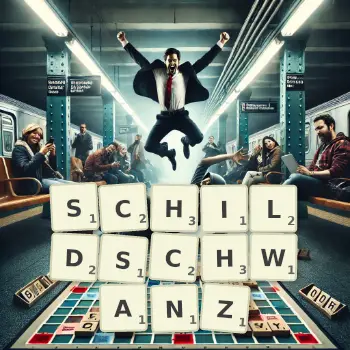 Kreative Illustration für ein Scrabble-Spiel, bei dem das Wort SCHILDSCHWANZ mit Steinen auf dem Brett gelegt wurde.