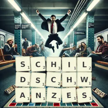Kreative Illustration für ein Scrabble-Spiel, bei dem das Wort SCHILDSCHWANZES mit Steinen auf dem Brett gelegt wurde.