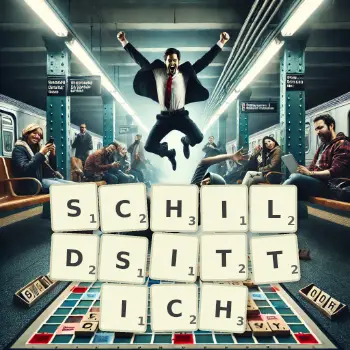 Kreative Illustration für ein Scrabble-Spiel, bei dem das Wort SCHILDSITTICH mit Steinen auf dem Brett gelegt wurde.