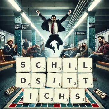 Kreative Illustration für ein Scrabble-Spiel, bei dem das Wort SCHILDSITTICHS mit Steinen auf dem Brett gelegt wurde.