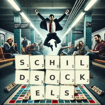 Kreative Illustration für ein Scrabble-Spiel, bei dem das Wort SCHILDSOCKELS mit Steinen auf dem Brett gelegt wurde.