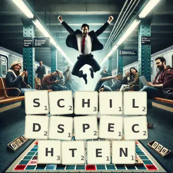 Kreative Illustration für ein Scrabble-Spiel, bei dem das Wort SCHILDSPECHTEN mit Steinen auf dem Brett gelegt wurde.