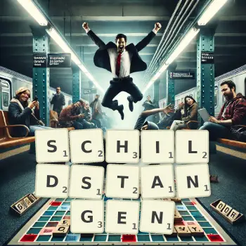 Kreative Illustration für ein Scrabble-Spiel, bei dem das Wort SCHILDSTANGEN mit Steinen auf dem Brett gelegt wurde.