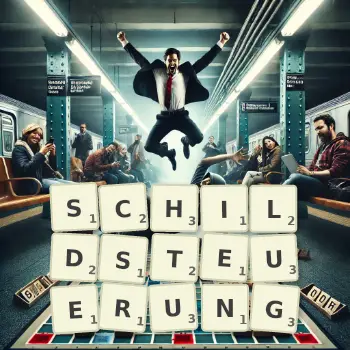 Kreative Illustration für ein Scrabble-Spiel, bei dem das Wort SCHILDSTEUERUNG mit Steinen auf dem Brett gelegt wurde.