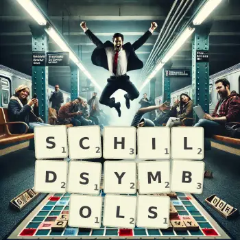 Kreative Illustration für ein Scrabble-Spiel, bei dem das Wort SCHILDSYMBOLS mit Steinen auf dem Brett gelegt wurde.