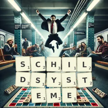 Kreative Illustration für ein Scrabble-Spiel, bei dem das Wort SCHILDSYSTEME mit Steinen auf dem Brett gelegt wurde.
