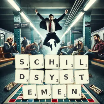 Kreative Illustration für ein Scrabble-Spiel, bei dem das Wort SCHILDSYSTEMEN mit Steinen auf dem Brett gelegt wurde.