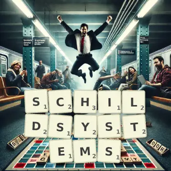 Kreative Illustration für ein Scrabble-Spiel, bei dem das Wort SCHILDSYSTEMS mit Steinen auf dem Brett gelegt wurde.
