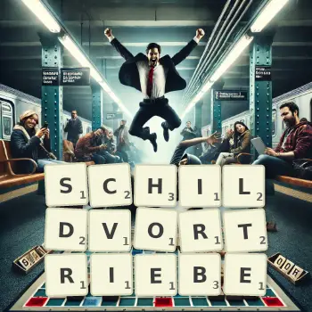 Kreative Illustration für ein Scrabble-Spiel, bei dem das Wort SCHILDVORTRIEBE mit Steinen auf dem Brett gelegt wurde.
