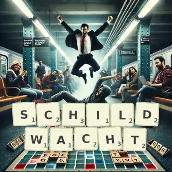 Kreative Illustration für ein Scrabble-Spiel, bei dem das Wort SCHILDWACHT mit Steinen auf dem Brett gelegt wurde.