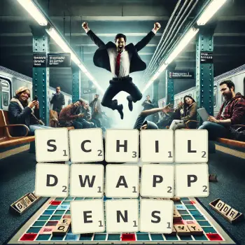 Kreative Illustration für ein Scrabble-Spiel, bei dem das Wort SCHILDWAPPENS mit Steinen auf dem Brett gelegt wurde.