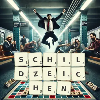 Kreative Illustration für ein Scrabble-Spiel, bei dem das Wort SCHILDZEICHEN mit Steinen auf dem Brett gelegt wurde.