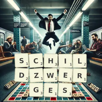 Kreative Illustration für ein Scrabble-Spiel, bei dem das Wort SCHILDZWERGES mit Steinen auf dem Brett gelegt wurde.