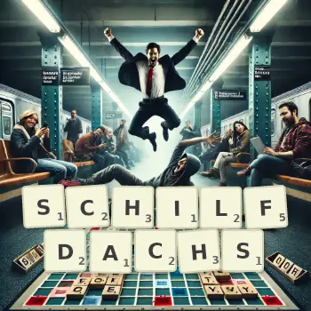 Kreative Illustration für ein Scrabble-Spiel, bei dem das Wort SCHILFDACHS mit Steinen auf dem Brett gelegt wurde.