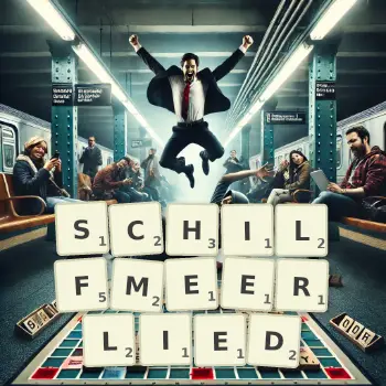 Kreative Illustration für ein Scrabble-Spiel, bei dem das Wort SCHILFMEERLIED mit Steinen auf dem Brett gelegt wurde.