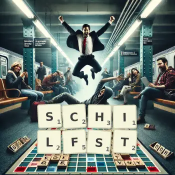 Kreative Illustration für ein Scrabble-Spiel, bei dem das Wort SCHILFST mit Steinen auf dem Brett gelegt wurde.